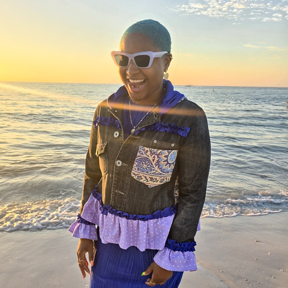 Upcycled jean jacket, size Large , with patchwork and ruffle details